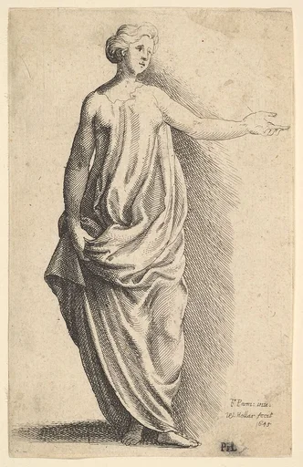 Standing female figure in loose classical robe, with arm outstretched