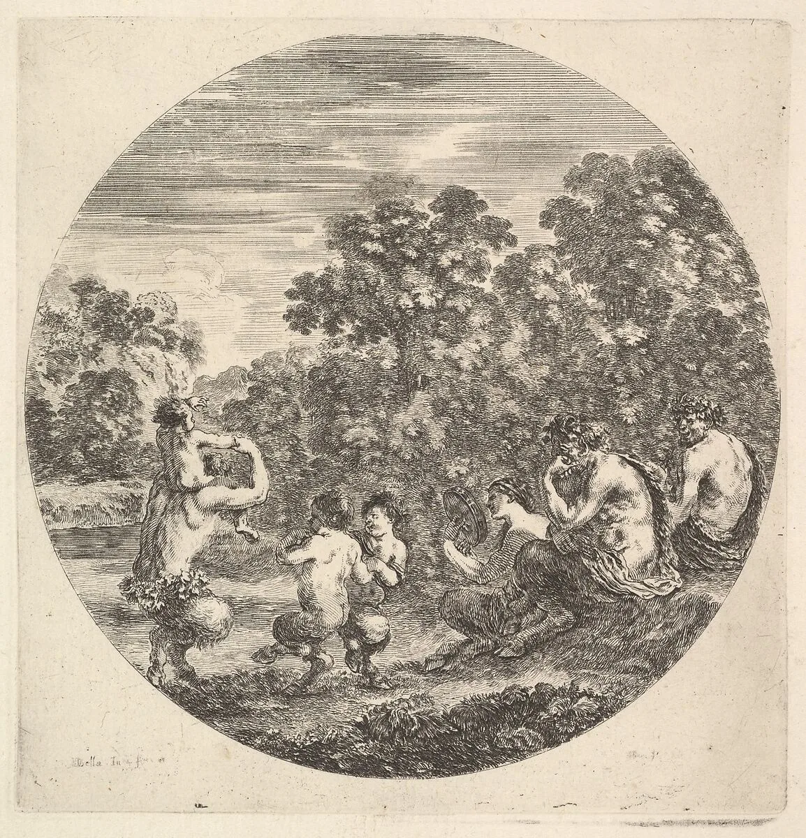 Two satyrs and a faun seated to right watching two child satyrs and another satyr with an child on his shoulders dance to left, a round composition, from 'Six animal subjects' (Six sujets d'animaux) — Stefano della Bella