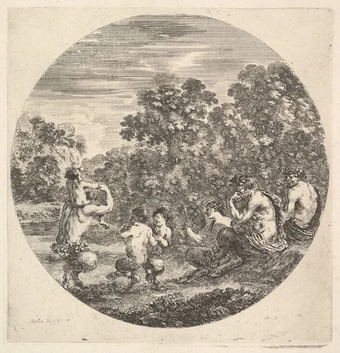 Two satyrs and a faun seated to right watching two child satyrs and another satyr with an child on his shoulders dance to left, a round composition, from 'Six animal subjects' (Six sujets d'animaux)