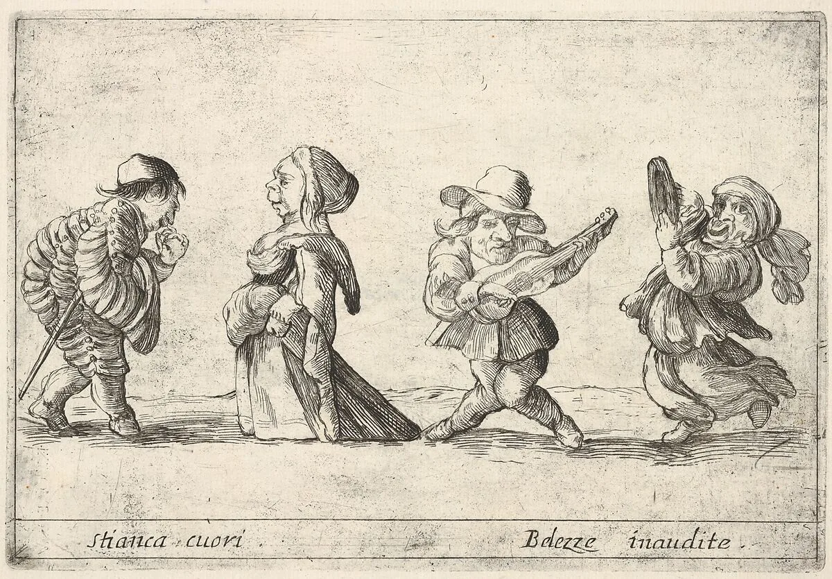 Callot figures; a well-dressed dwarf man to left declaring his love to an old dwarf woman to left, a dwarf man playing the guitar and a dwarf woman dancing with a tambourine to right, from 'Six grotesques' (Six pièces de figures grotesques) — François Collignon|Stefano della Bella|Agostino Mitelli II
