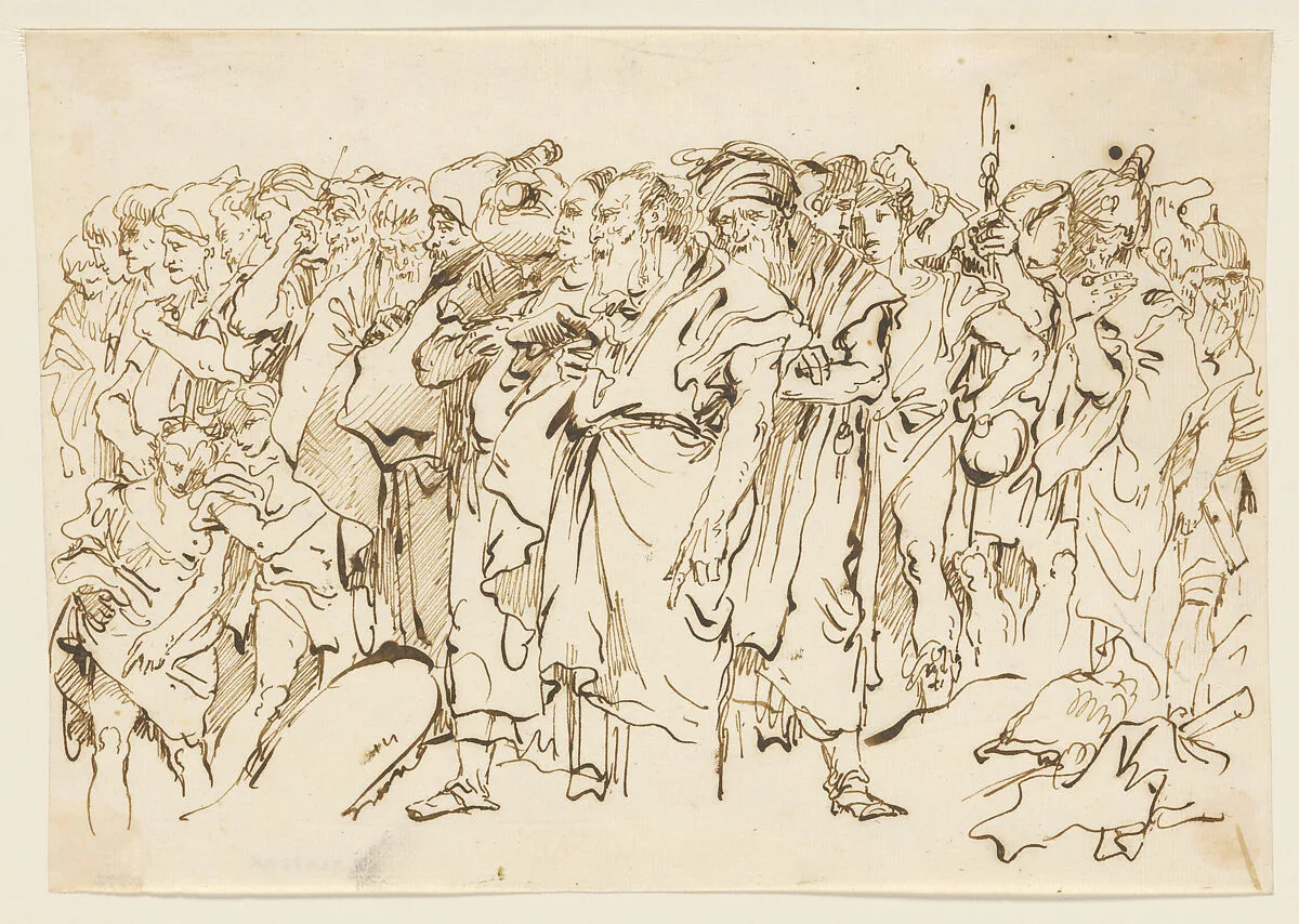 A Crowd of Ancient Warriors, Orientals, and Two Boys, Gathering for a Sacrifice — Giovanni Domenico Tiepolo