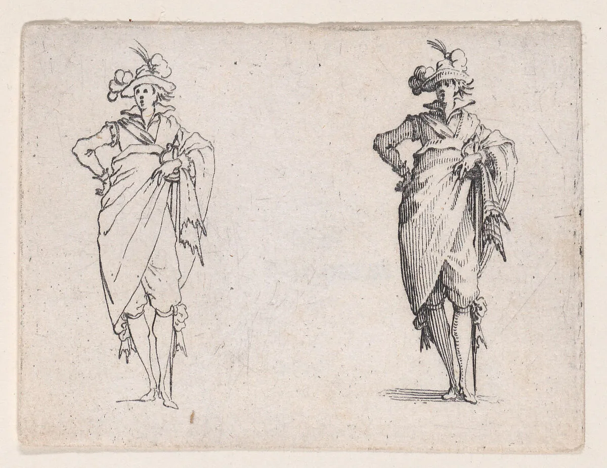 Le Gentilhomme de Face, La Main Droite Sur la Hanche (Gentleman Facing Foward, his Right Hand on his Hip), from Les Caprices Series A, The Florence Set — Jacques Callot|Lorenzo de' Medici