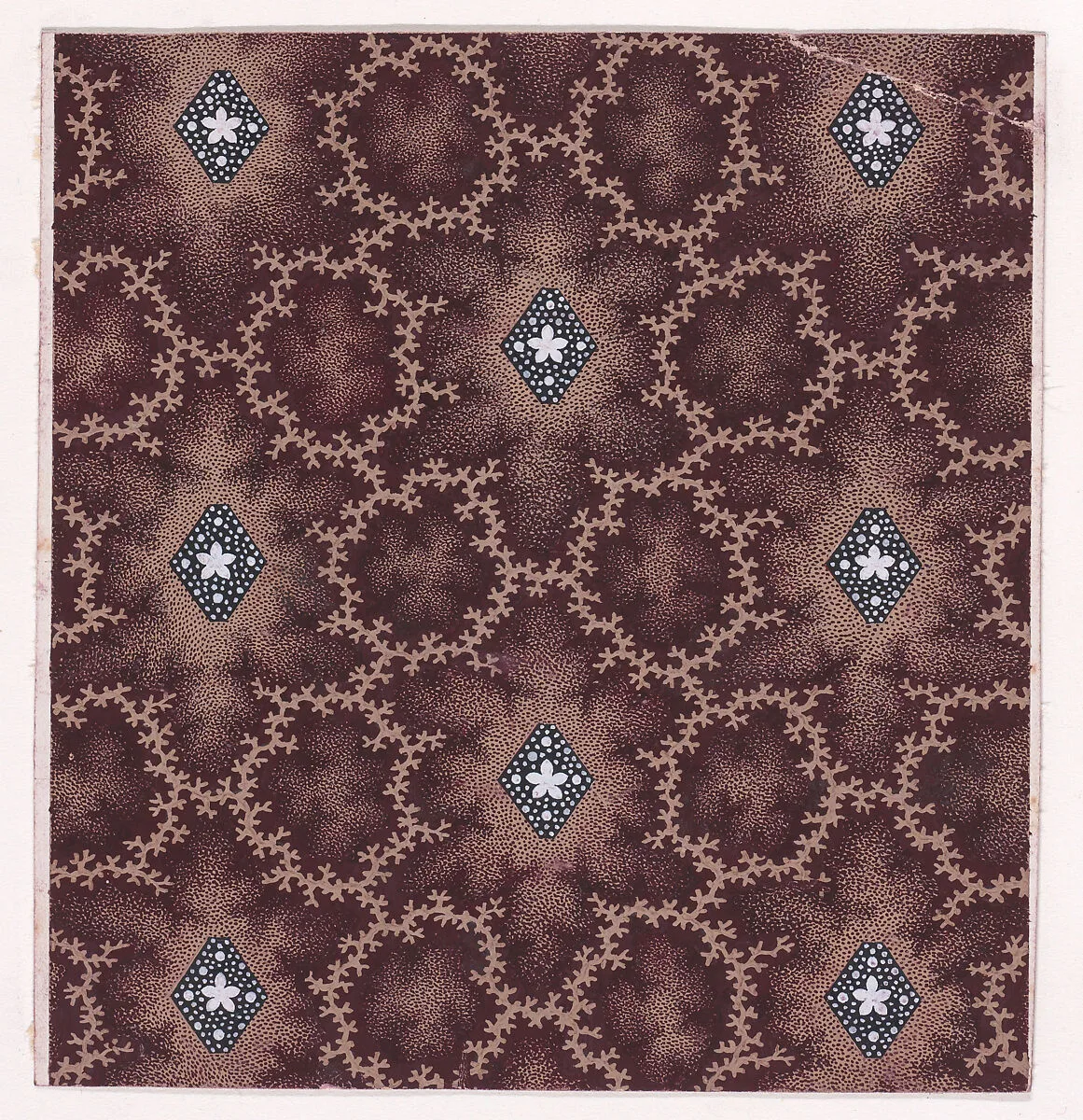 Textile Design with Alternating Vertical Rows of Lozenges Decorated with Rosettes and Pearls Framed by Interlacing Garlands of Branches — Anonymous, Alsatian, 19th century