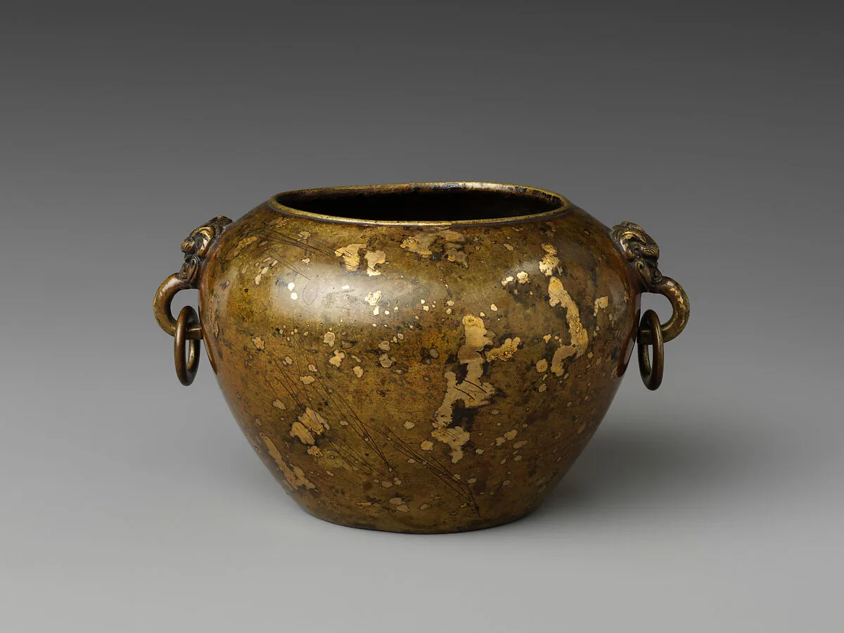 晚明 灑金銅缽式爐|Incense burner with animal-mask handles — Unknown
