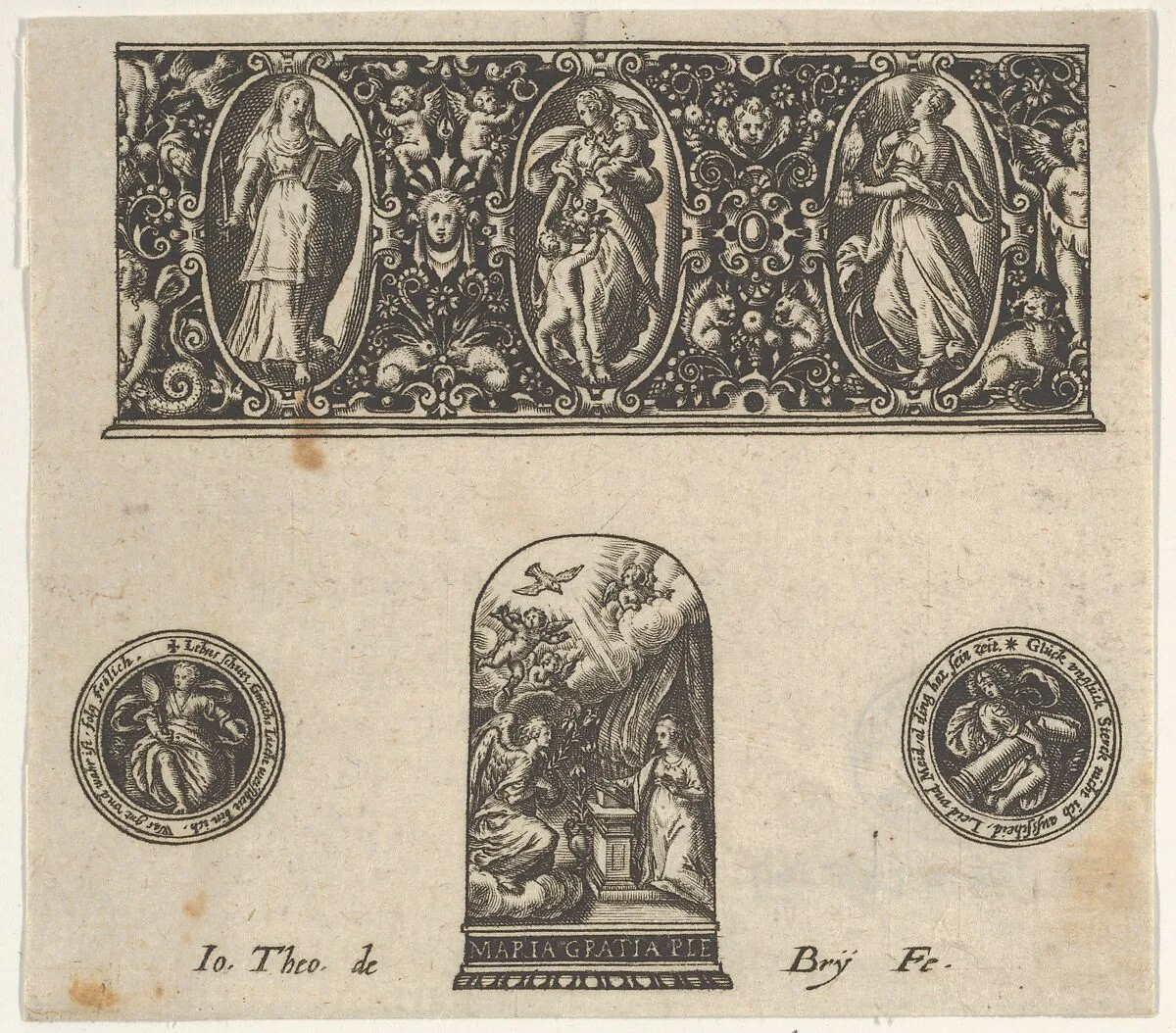 Horizontal Panel with Design for a Thimble with the Annuciation Below a Frieze with Three Figures in Ovals — Johann Theodor de Bry