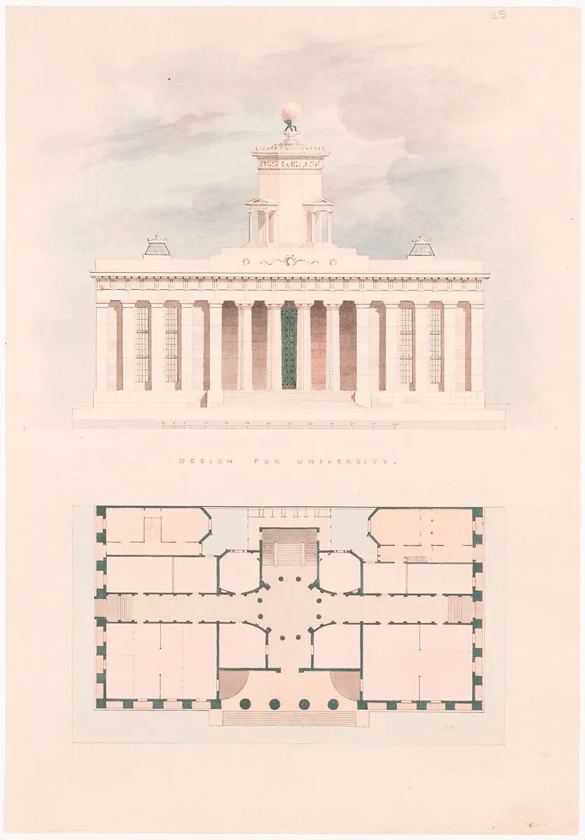 Design for a University (entrance facade and plan) — Alexander Jackson Davis