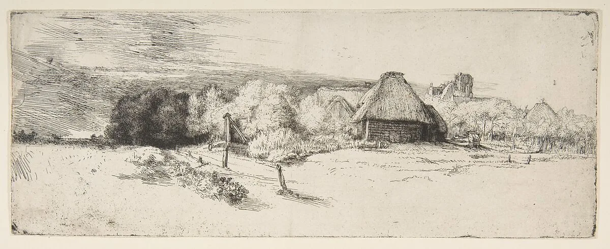 Landscape with Trees, Farm Buildings, and a Tower — Rembrandt (Rembrandt van Rijn)