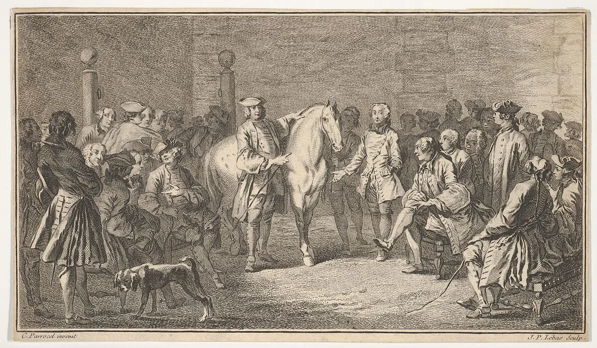 Standing men presenting a horse before a group of seated men — Jacques Philippe Le Bas|Charles Parrocel