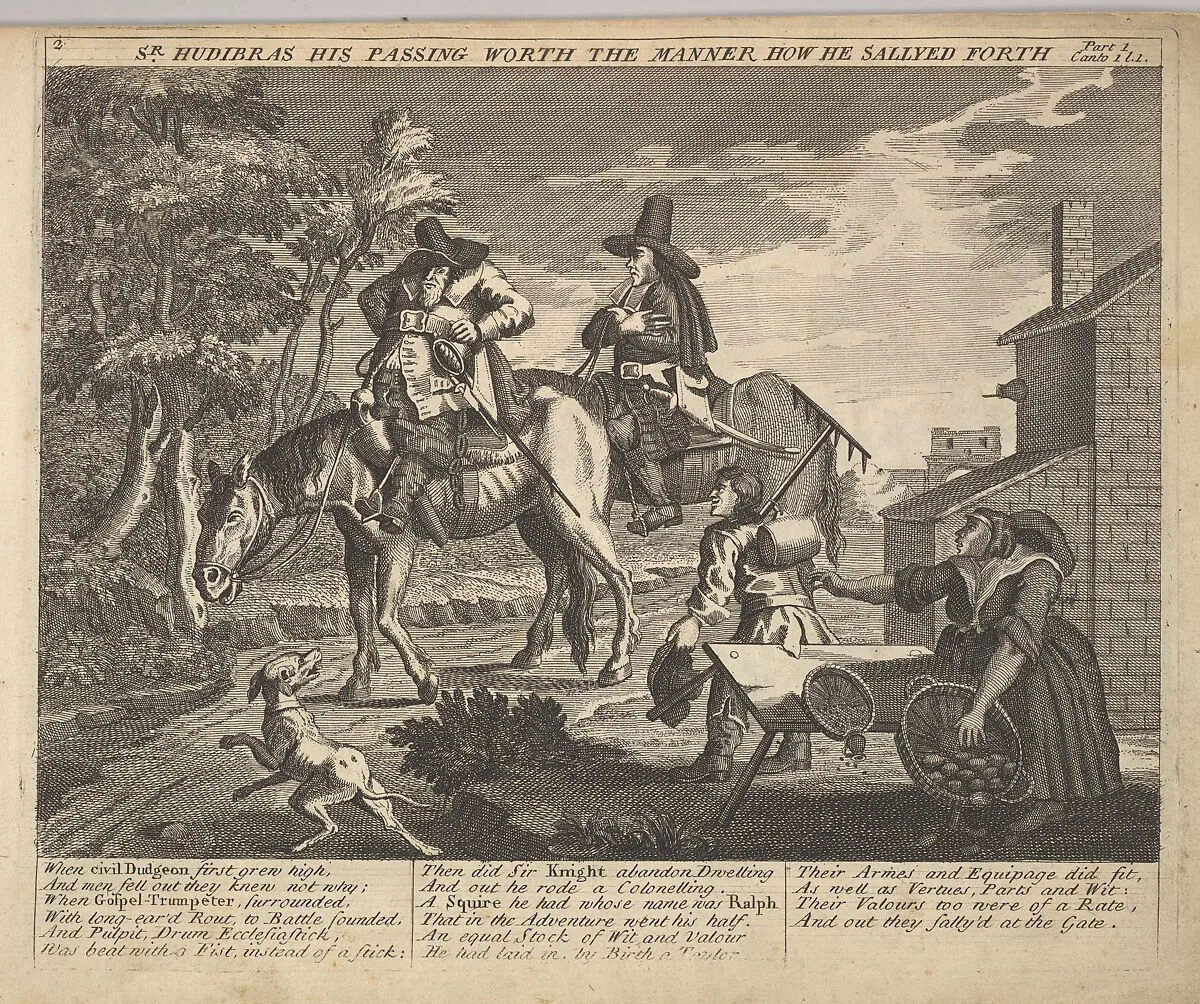 Sir Hudibras His Passing Worth the Manner How He Sallyed Forth (Plate 2: Illustrations to Samuel Butler's Hudibras) — William Hogarth|Henry Overton and J. Hoole|Samuel Butler