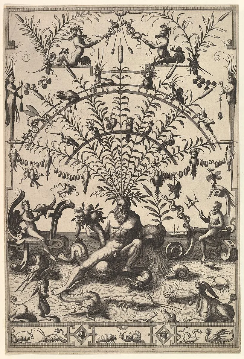 Modern Grotesque Decoration with a River God — Johannes van Doetecum I|Lucas van Doetecum|Cornelis Floris II|Hieronymus Cock