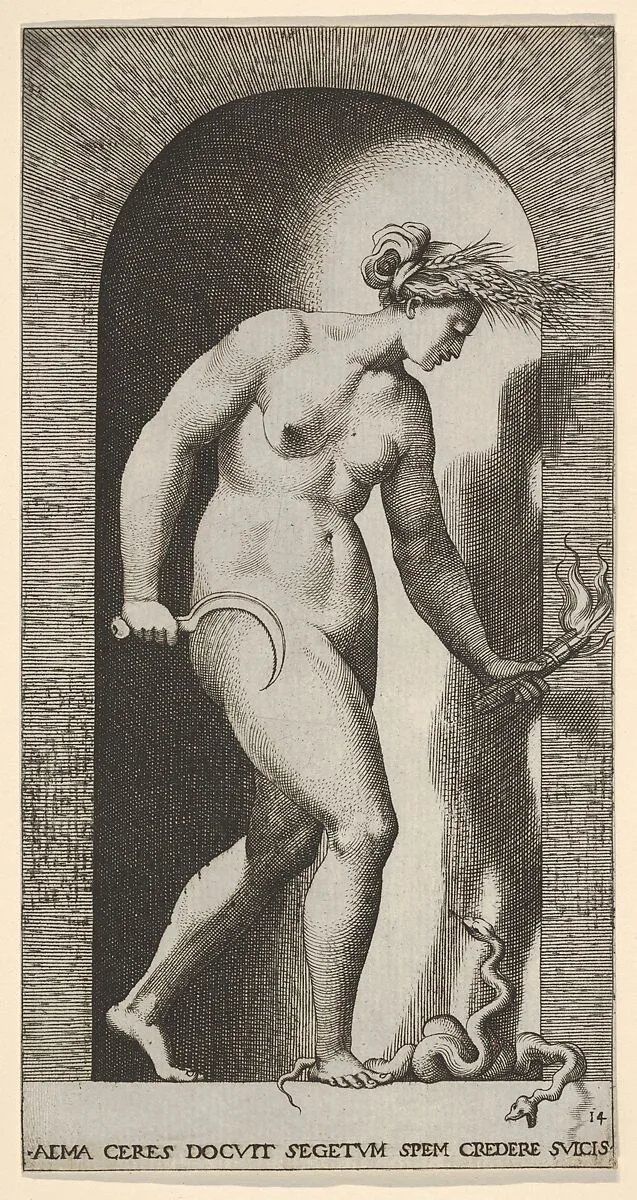 Plate 14: Ceres in a niche, facing right, standing over a two-headed snake and holding a half-moon sickle in her right hand and a torch in her left hand, from "Mythological Gods and Goddesses" — Giovanni Jacopo Caraglio|Rosso Fiorentino