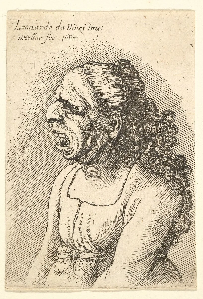 Bust of woman with wide-open mouth and long curly hair falling over her shoulders, wearing low-cut dress with ribbon round her waist, in profile to left — Leonardo da Vinci|Wenceslaus Hollar