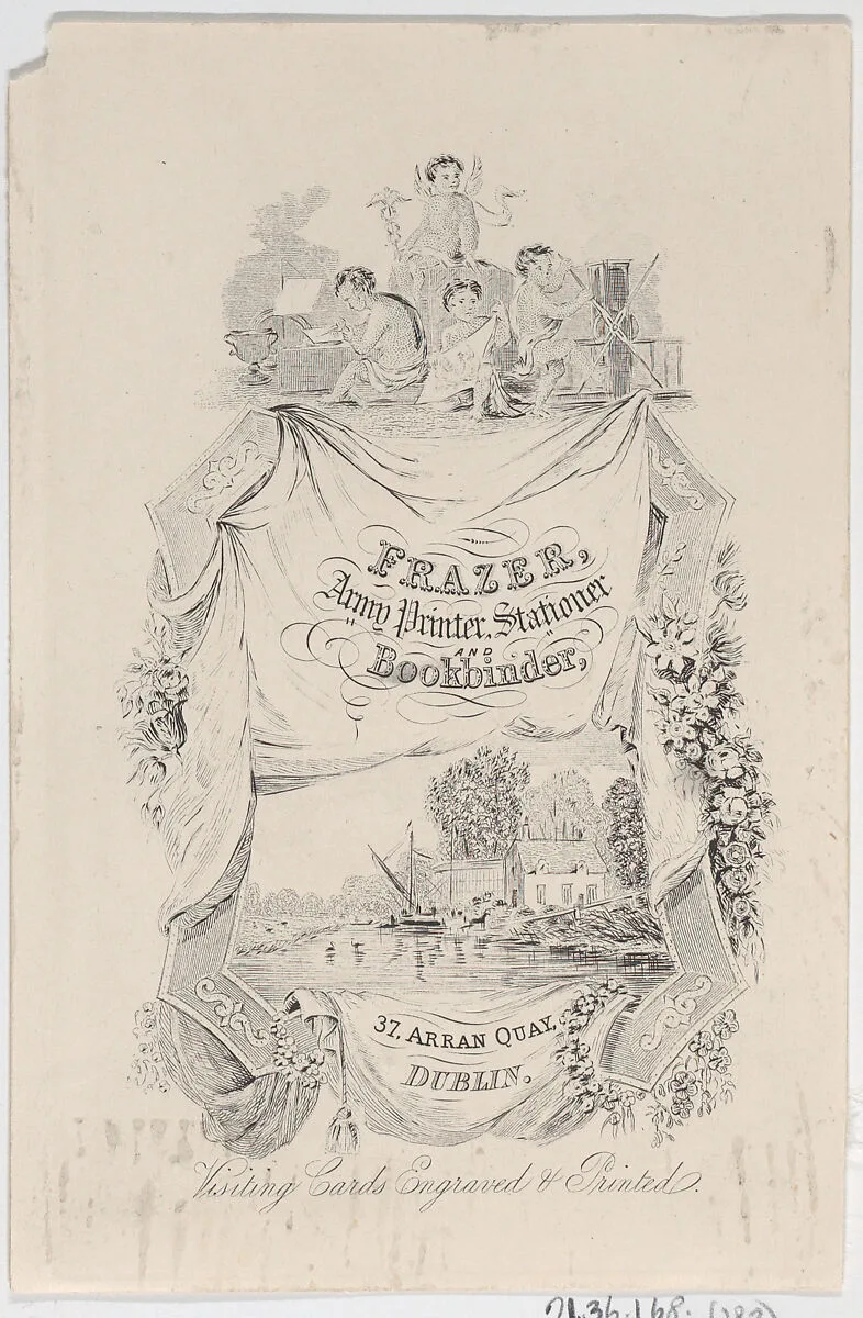 Trade card for Frazer, Army Printer, Stationer and Bookbinder — Anonymous, Irish, 19th century