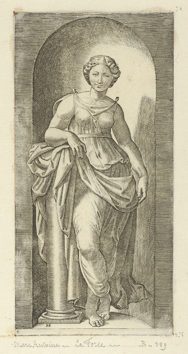 Fortitude or Strength personified by a woman standing in a nice resting her arm on a column, from 'The Virtues' — Marcantonio Raimondi|Raphael (Raffaello Sanzio or Santi)