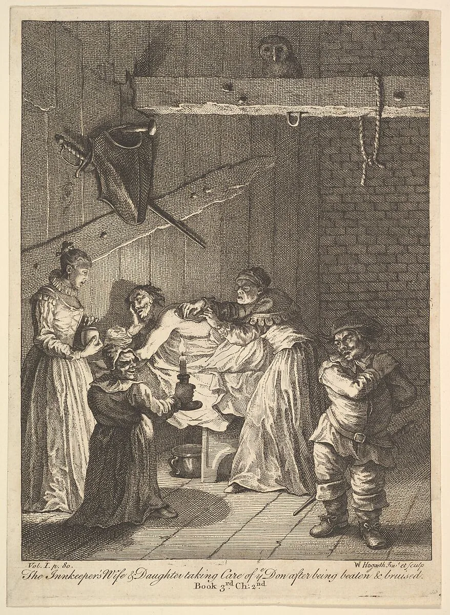 The Innkeeper's Wife and Daughter Taking Care of ye Don after Being Beaten and Bruised (Six Illustrations for Don Quixote) — William Hogarth|Miguel de Cervantes Saavedra