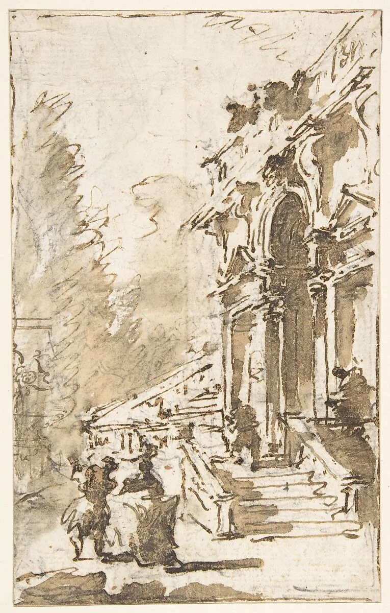 Architectural Capriccio: Garden Entrance to a Palace (recto); Three Masked and Costumed Figures and Other Figure Studies (verso) — Francesco Guardi
