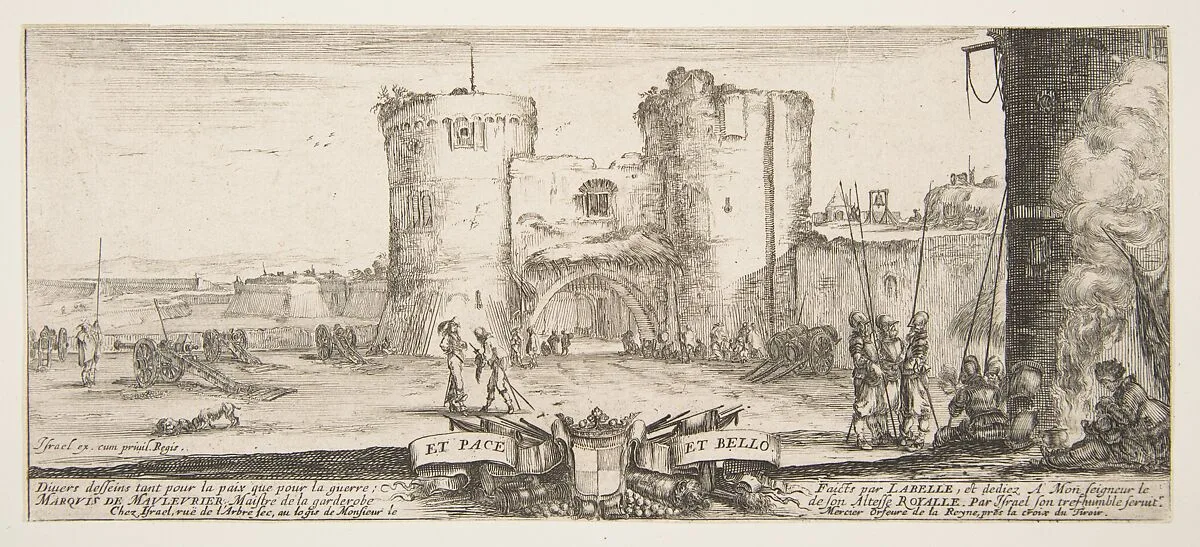 An entrance to a fortress in center, a woman with child seated by a fire to right, soldiers gather to right and in center, cannons in landscape to left, title page from "Peace and War" (Divers desseins tant pour la paix que pour la guerre) — Stefano della Bella|Israël Henriet