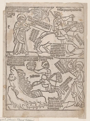 A Rider on a Black Horse with a Pair of Balances in His Hand; and A Pale Horse with Death as Its Rider, from an Apocalypse blockbook, 2nd edition