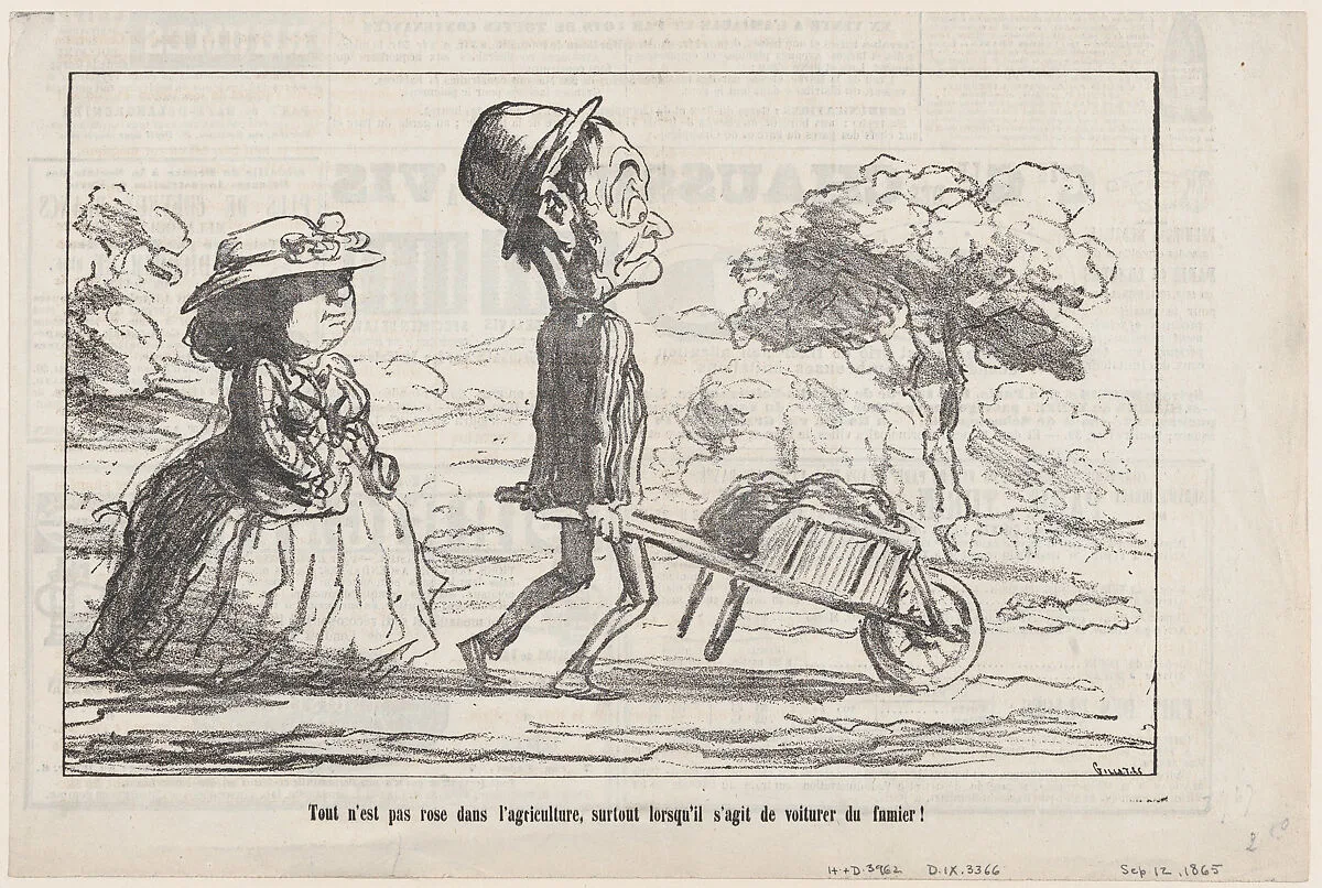 Not everything in country life smells like roses... especially when having to take care of the manure, from 'The joys of country life,' published in Le Charivari, September 12, 1865 — Honoré Daumier