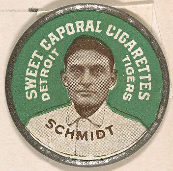 Schmidt, Detroit Tigers (green), from the Domino Discs series (PX7), issued by Kinney Brothers — Kinney Brothers Tobacco Company