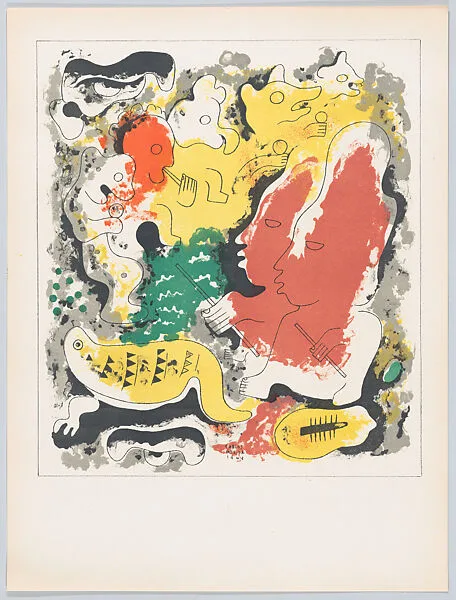 Plate 8: composition of hybrid human and animal forms, two large figures at right, from the 'Popol-Vuh' — Talleres Gráficos de la Nación, Mexico, D.F.|Carlos Mérida