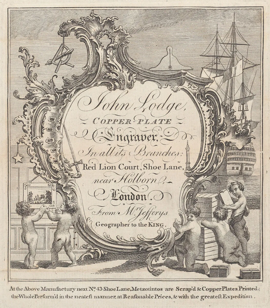 Trade Card for John Lodge, Copper Plate Engraver — Anonymous, British, 18th century