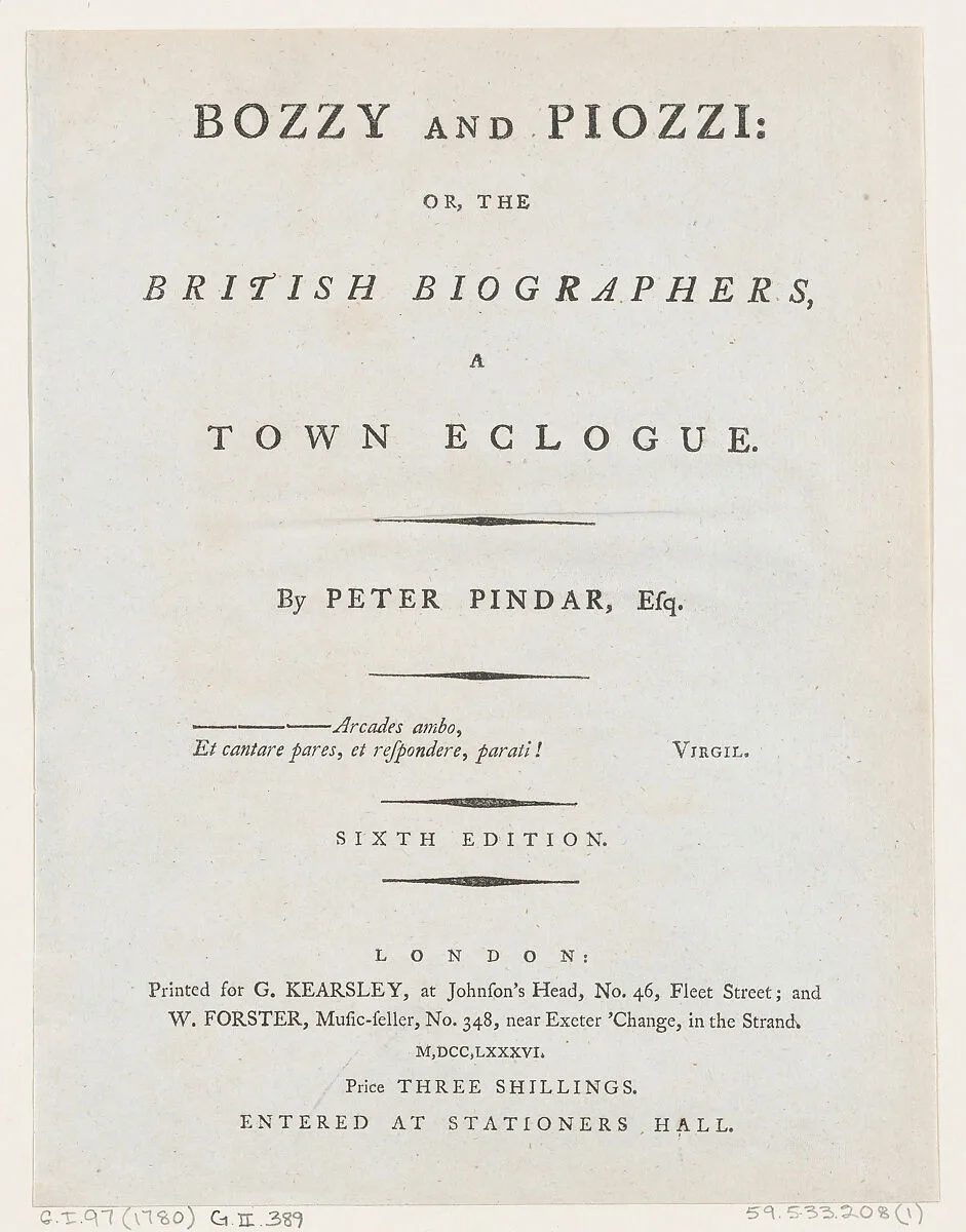 Title Page, from Bozzy and Piozzi by Peter Pindar, Esq. — John Wolcot|George Kearsley