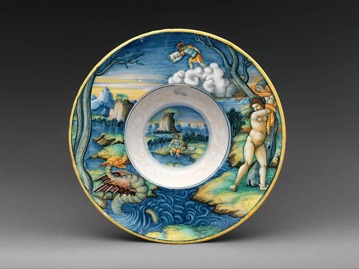 Wide-rimmed bowl with Perseus and Andromeda — "In Castel Durante" Painter