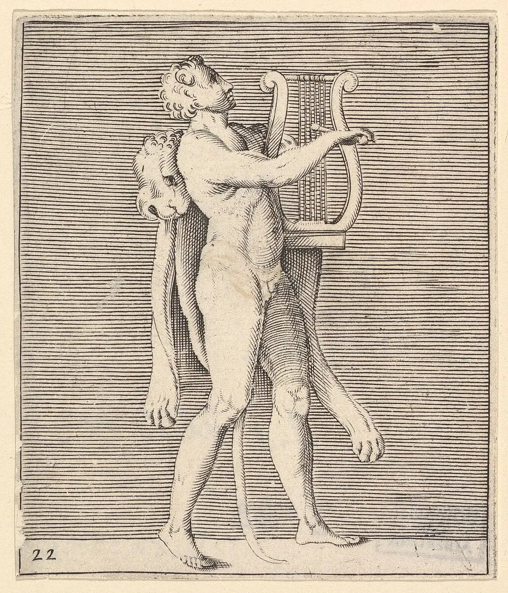 Hercules playing a lyre, a lionskin draped over his shoulder, from "Ex Antiquis Cameorum et Gemmae Delineata/ Liber Secundus/et ab Enea Vico Parmen Incis" — Francesco Angeloni|Battista Franco|Philippe Thomassin|Enea Vico|Anonymous, Italian, 16th century
