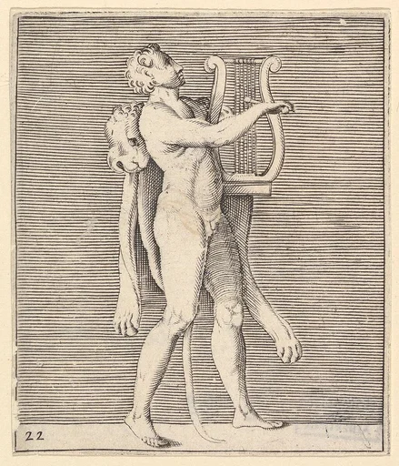 Hercules playing a lyre, a lionskin draped over his shoulder, from "Ex Antiquis Cameorum et Gemmae Delineata/ Liber Secundus/et ab Enea Vico Parmen Incis"