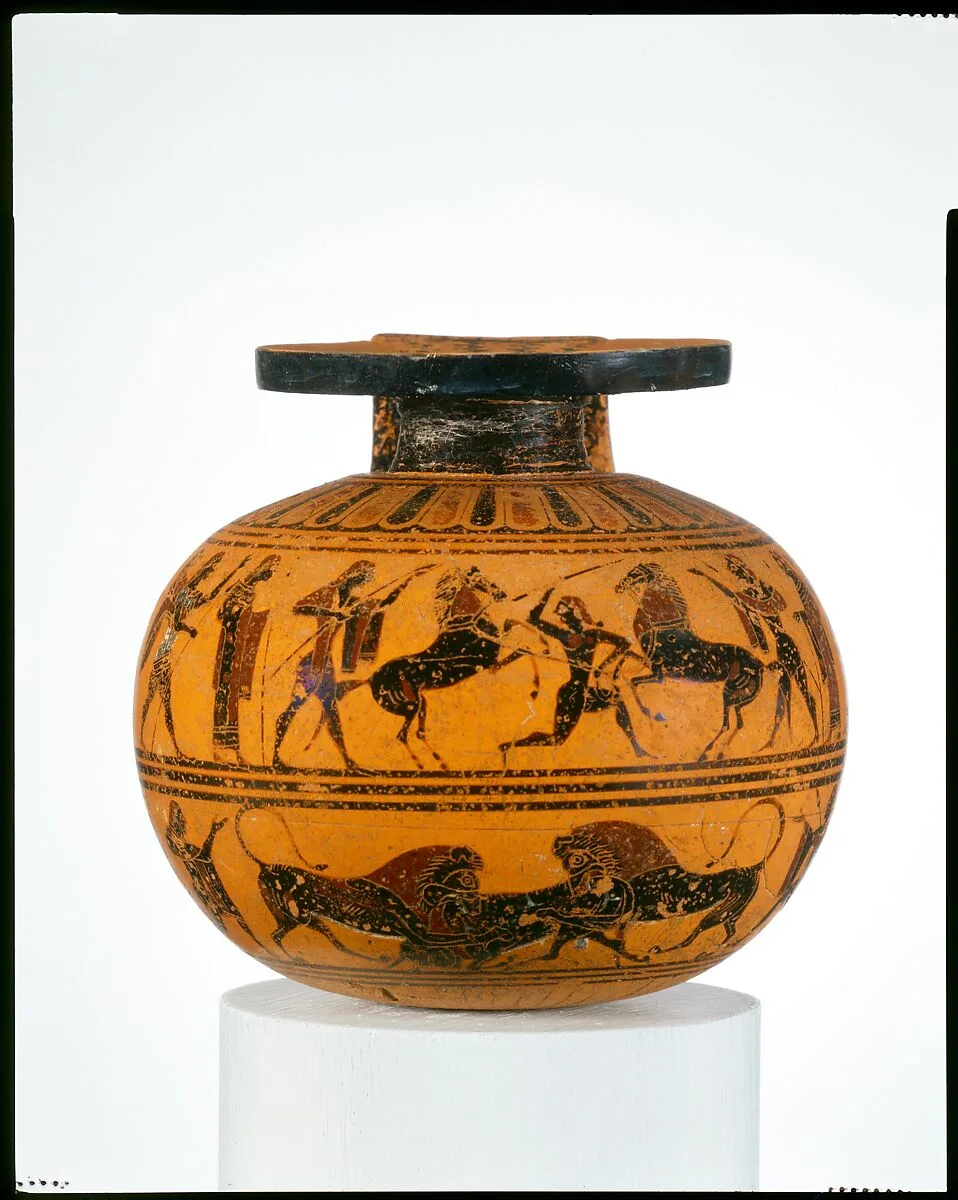 Terracotta aryballos (oil flask) — Amasis Painter