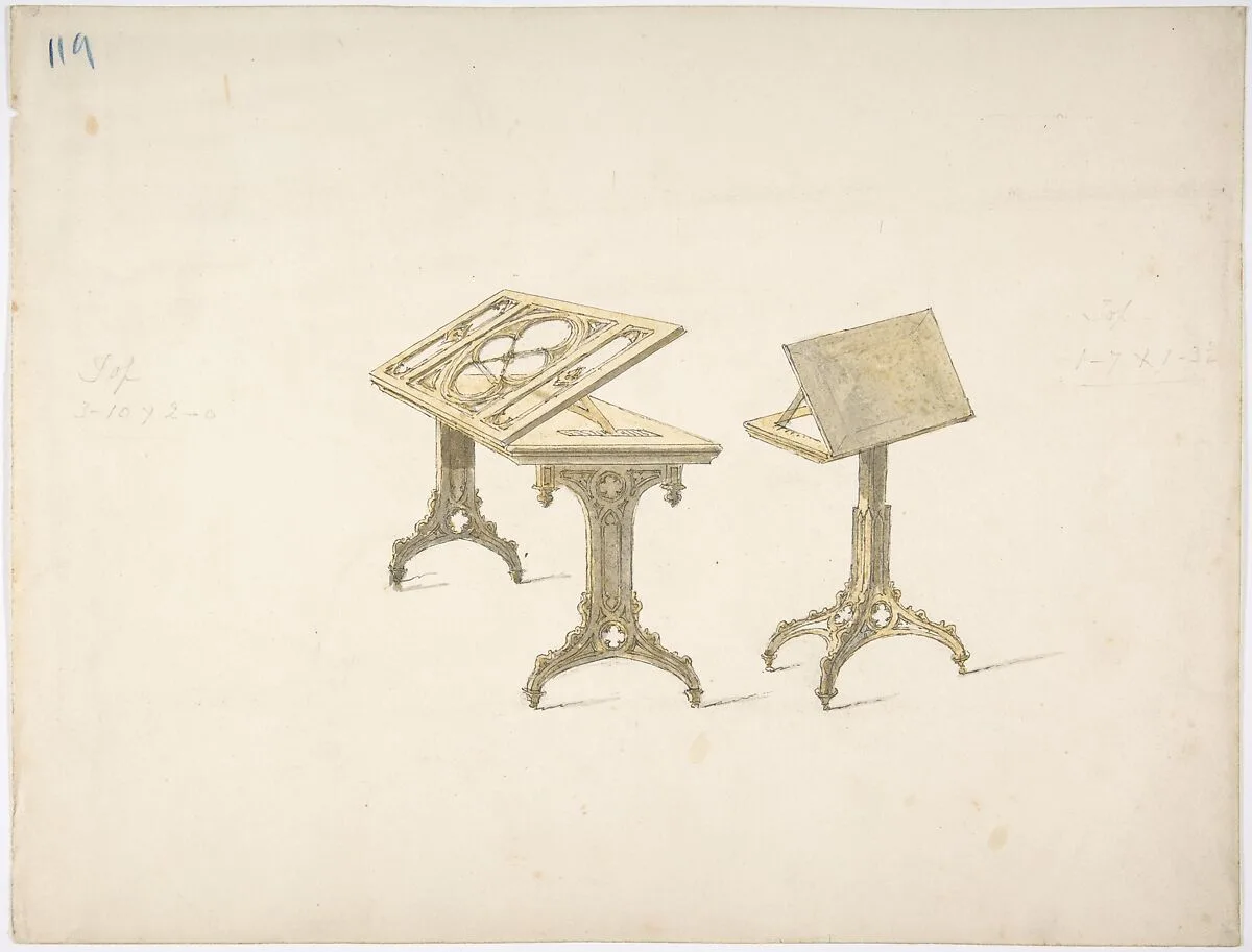 Design for Two Bookstands on Casters — Anonymous, British, 19th century