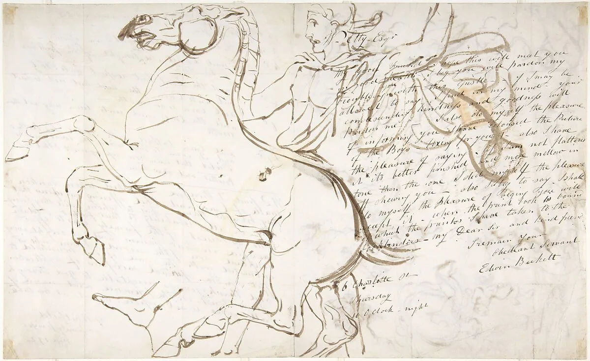 Rearing Horse and Trainer, drawn on a letter. Verso: Studies of Women and Children — William Etty