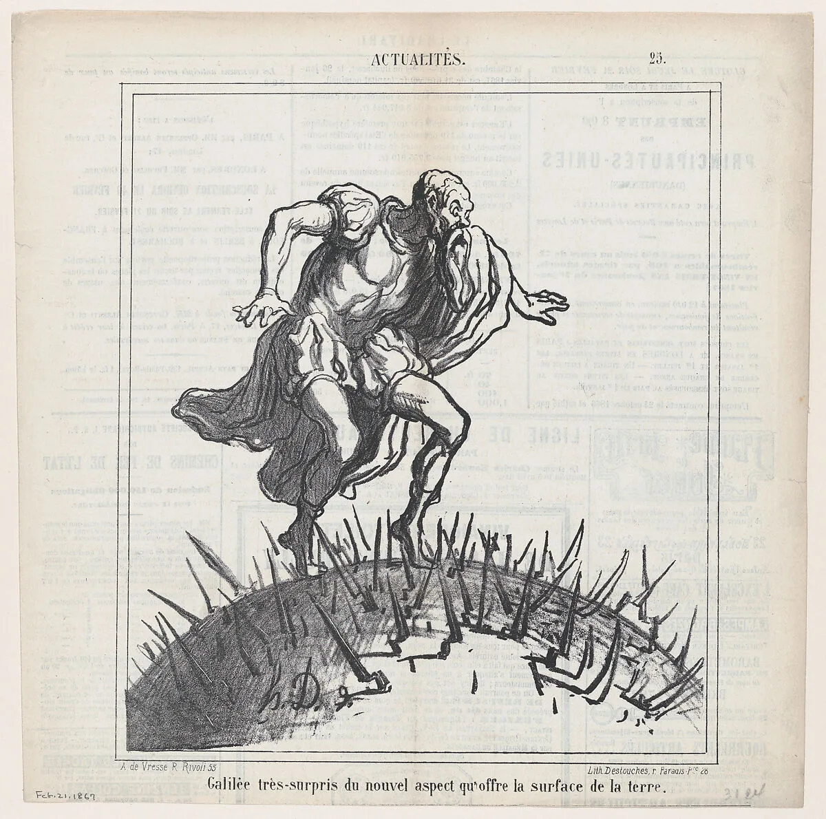 Galileo, astonished by changes in the face of the earth, from 'News of the day,' published in Le Charivari, February 21, 1867 — Arnaud de Vresse|Destouches|Honoré Daumier|Galileo Galilei