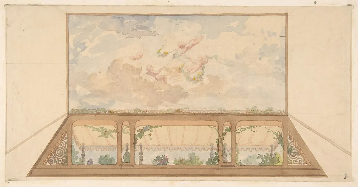 Design for a ceiling painted with a trompe l'oeil awning and putti in clouds — Jules-Edmond-Charles Lachaise|Eugène-Pierre Gourdet