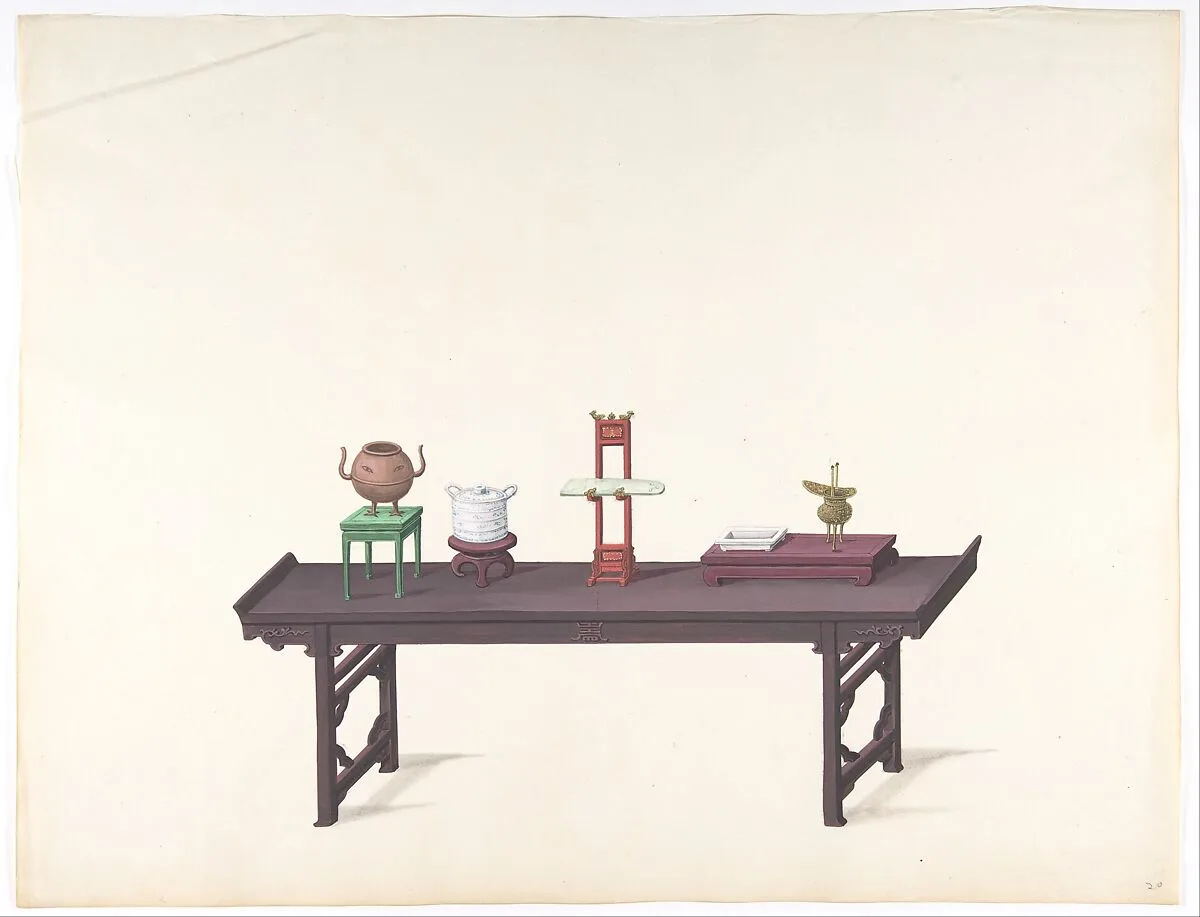 Long, Low Purple Lacquer Table with Objects — Anonymous, Chinese, 19th century