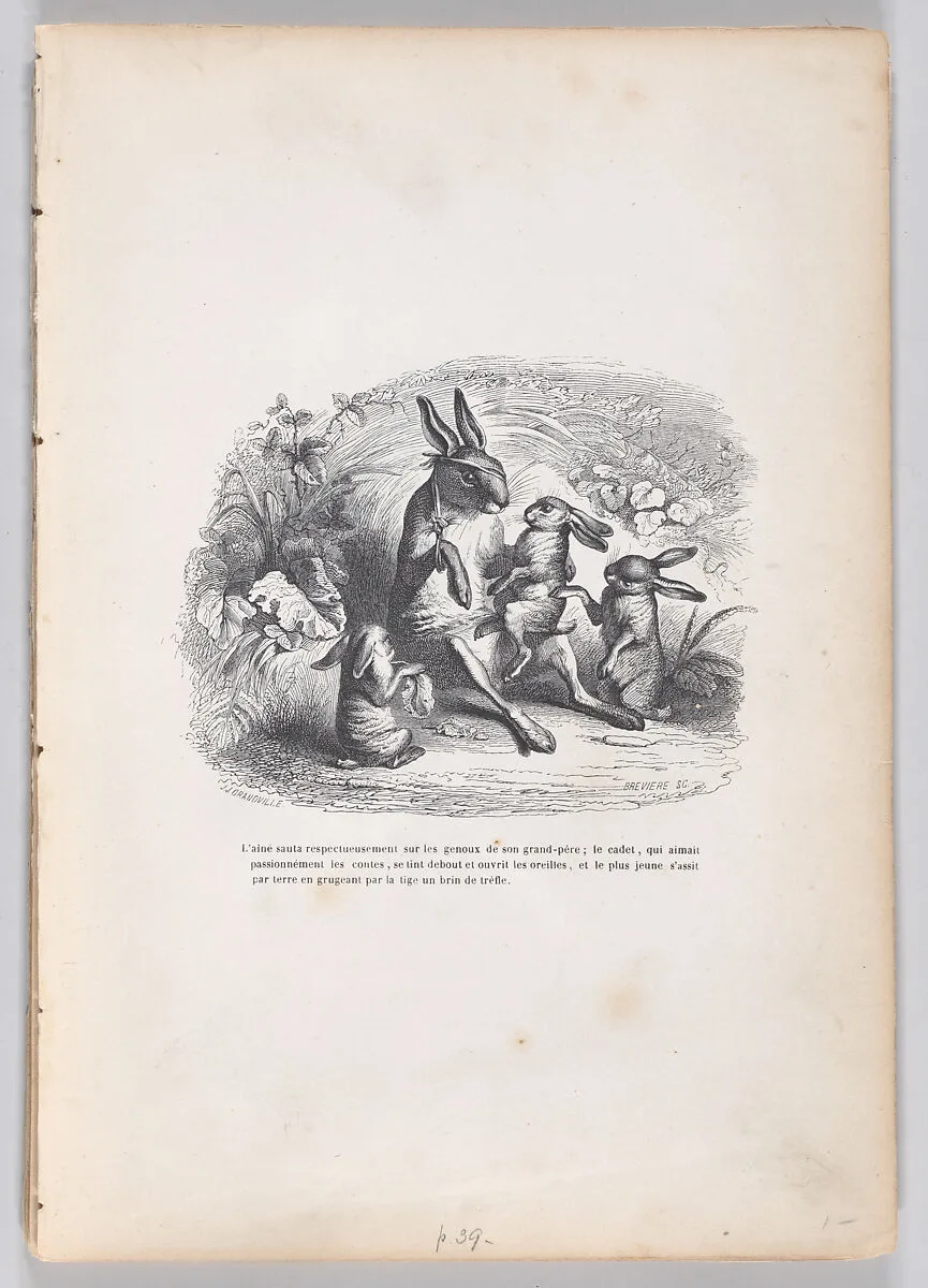 "The oldest rabbit jumped respectfully on his grandfather's lap..." from Scenes from the Private and Public Life of Animals — Louis-Henri Brevière|Honoré de Balzac|J. J. Grandville