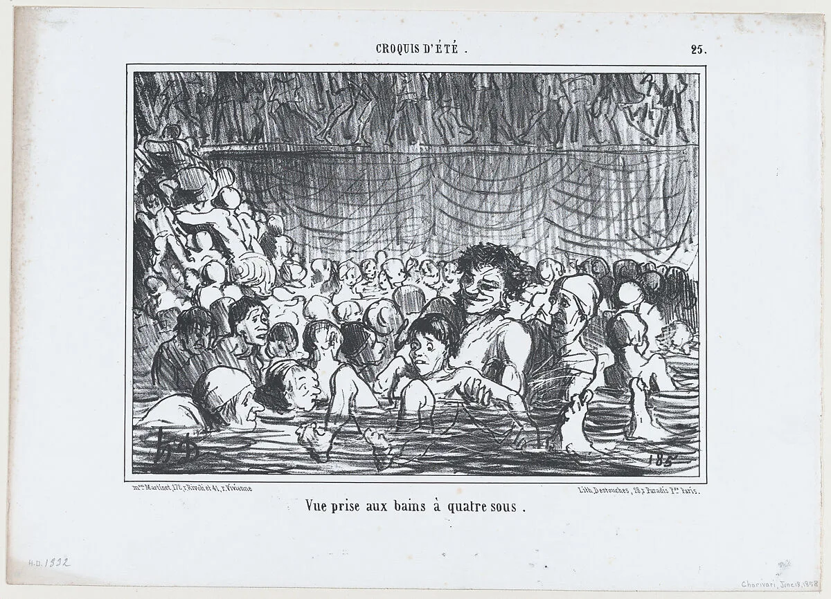 Vue prise aux bains à quatre sous, from Croquis d'Été, published in Le Charivari, June 18, 1858 — Aaron Martinet|Honoré Daumier|Destouches