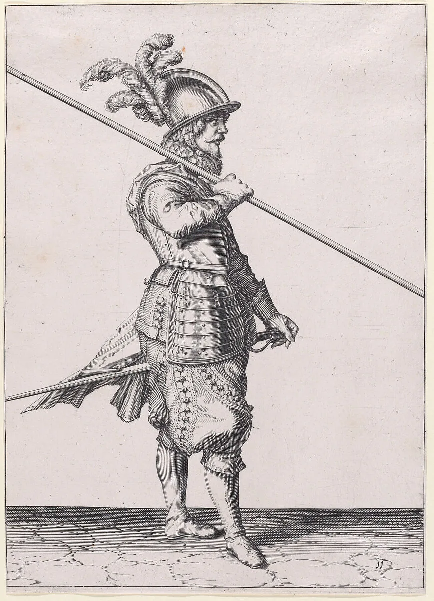 A soldier carrying his pike at the slope, from the Lansquenets series, plate 11, in Waffenhandlung von den Rören Musquetten undt Spiessen / Wapenhandelinghe van Roers Musquetten ende Spiessen (The Exercise of Arms) — Jacques de Gheyn II|Jacques de Gheyn II|Robert Willemsz de Baudous