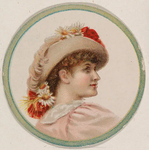 Woman wearing hat with flowers and feathers, from the Novelties series (N228, Type 2) issued by Kinney Bros. — Kinney Brothers Tobacco Company