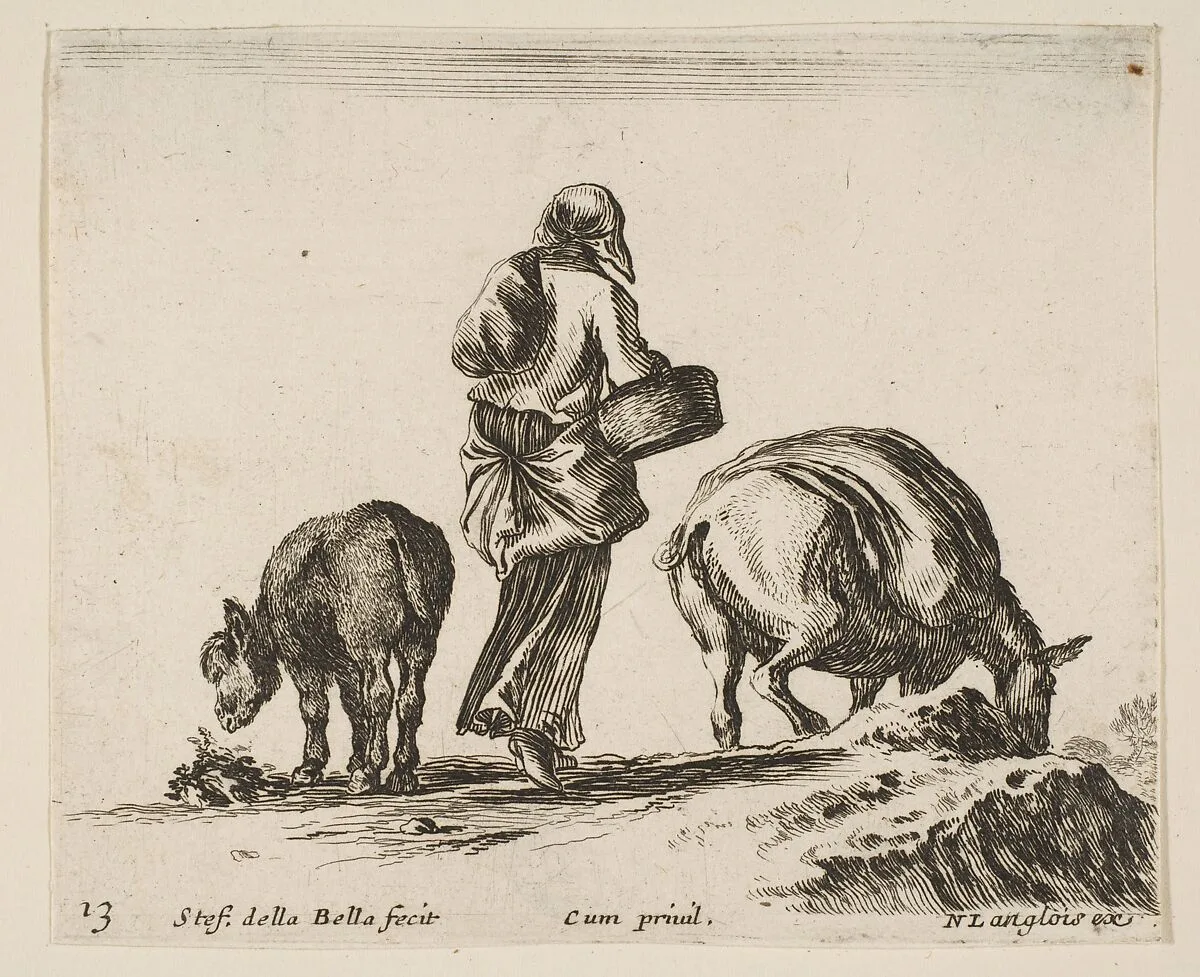A peasant woman, seen from the back, holding a basket in center, a donkey to left and a horse with a pack on its back to right, plate 13 from "Diversi capricci" — Stefano della Bella|Nicolas Langlois