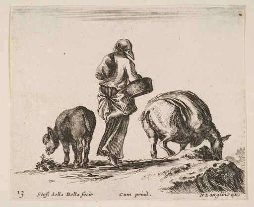 A peasant woman, seen from the back, holding a basket in center, a donkey to left and a horse with a pack on its back to right, plate 13 from "Diversi capricci"