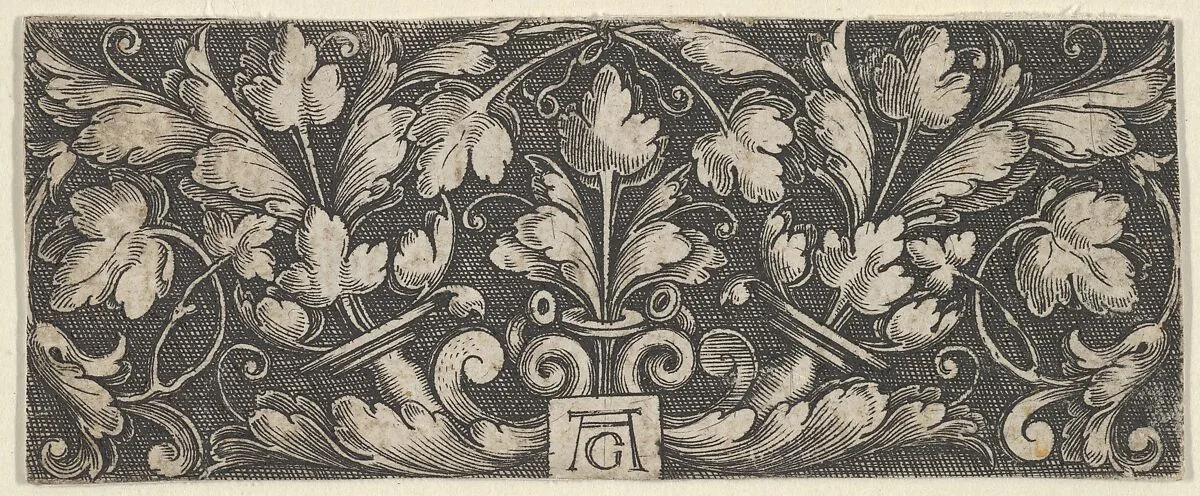 Horizontal Panel with Two Tendrils Sprouting Upwards from Horns at Center — Heinrich Aldegrever
