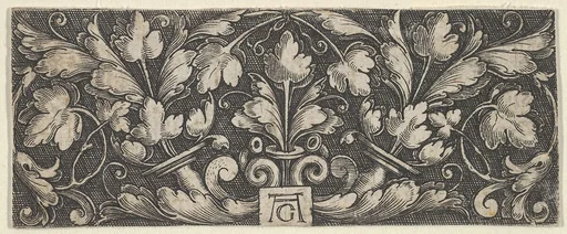 Horizontal Panel with Two Tendrils Sprouting Upwards from Horns at Center