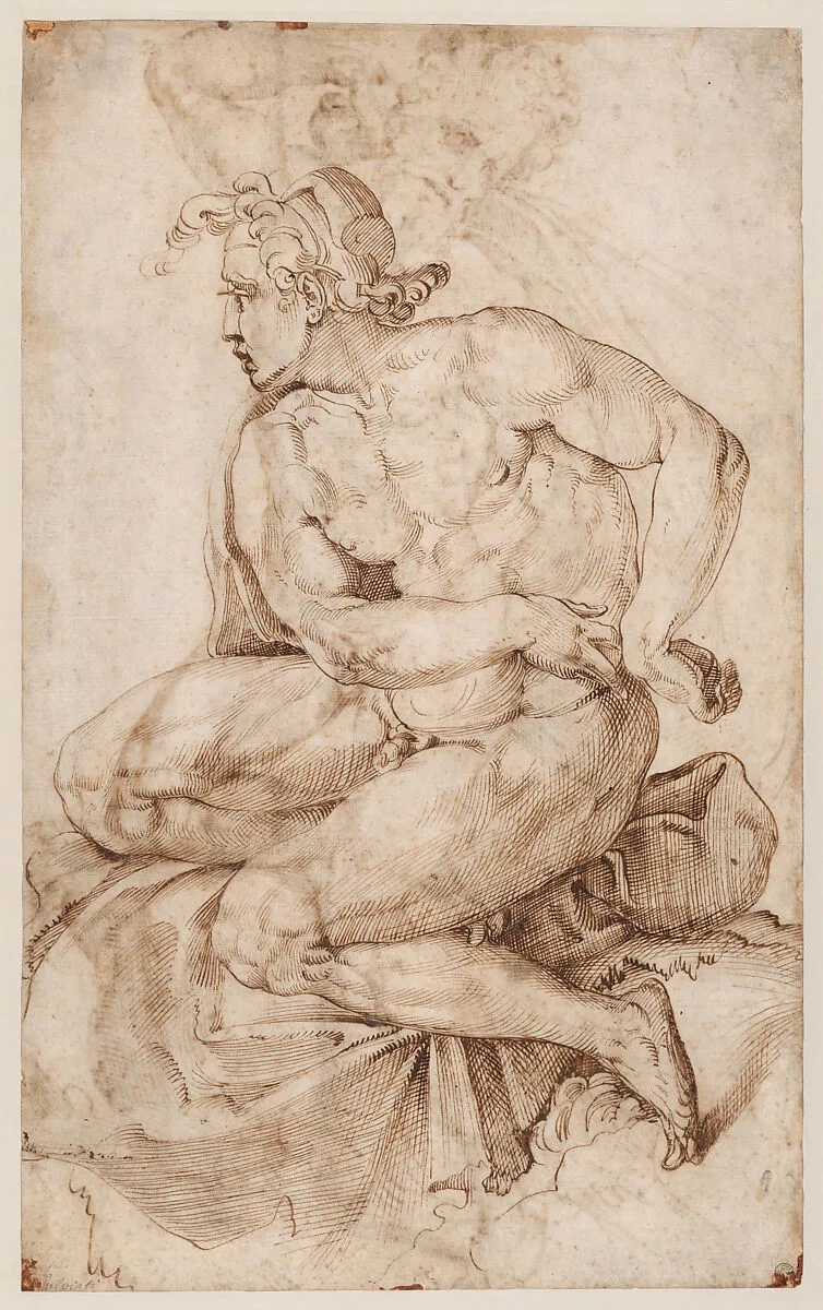 Seated Nude Youth, facing left (recto); Bearded Nude Male Figure in a Half-Kneeling Pose, Holding a Drapery Behind his Back (verso). — Francesco Salviati (Francesco de' Rossi)