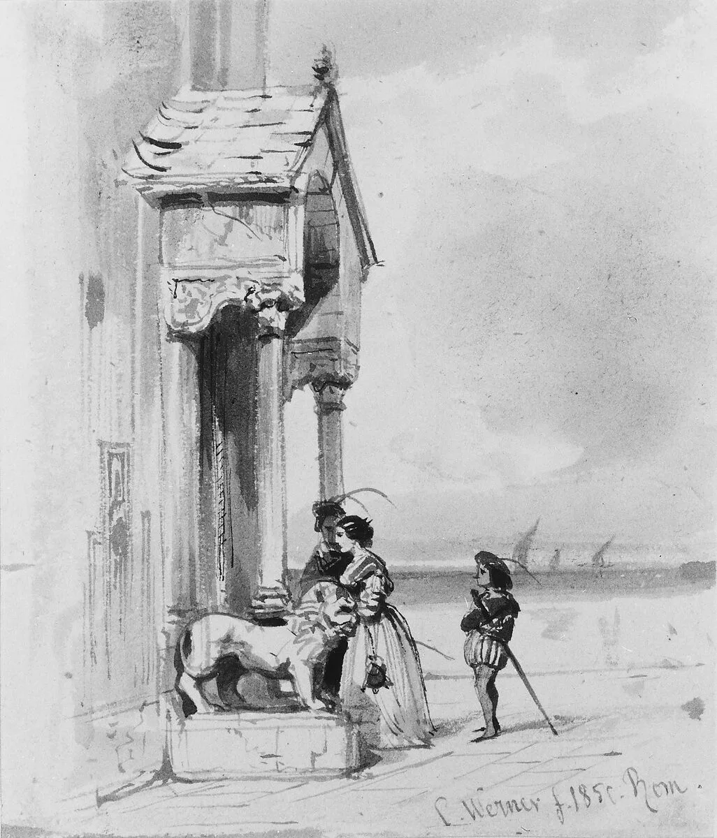 Couple Entering Building, with Attendant (from Cropsey Album) — Carl Friedrich Heinrich Werner