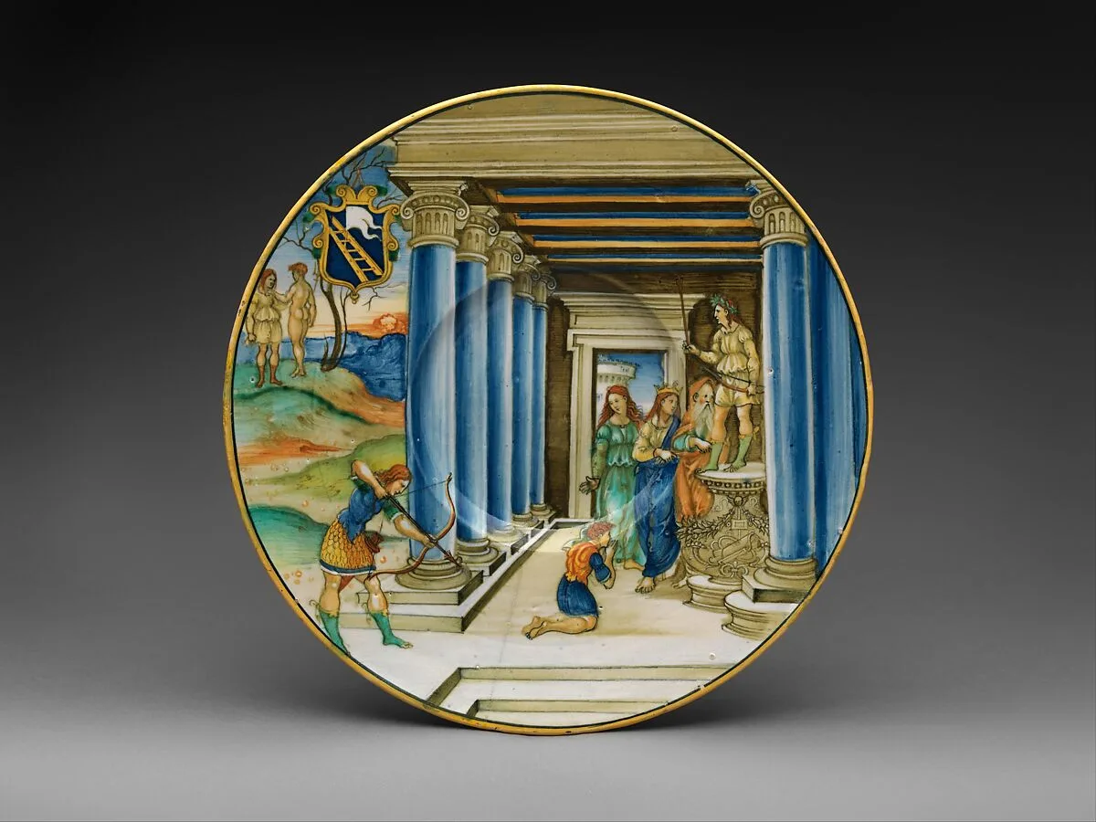 Plate with Paris Killing Achilles and arms of the Calini family — Nicolo da Gabriele Sbraghe