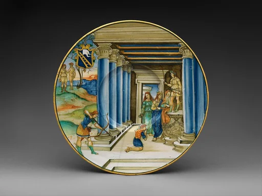 Plate with Paris Killing Achilles and arms of the Calini family