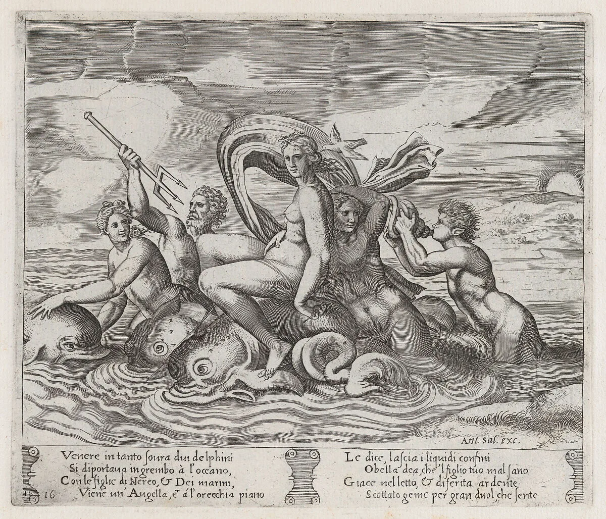 Plate 16: A white bird tells Psyche of Cupid's illness, as she rides dolphins on the sea accompanied by tritons and nereids, from "The Story of Cupid and Psyche as told by Apuleius" — Antonio Salamanca|Master of the Die|Michiel Coxie (I)