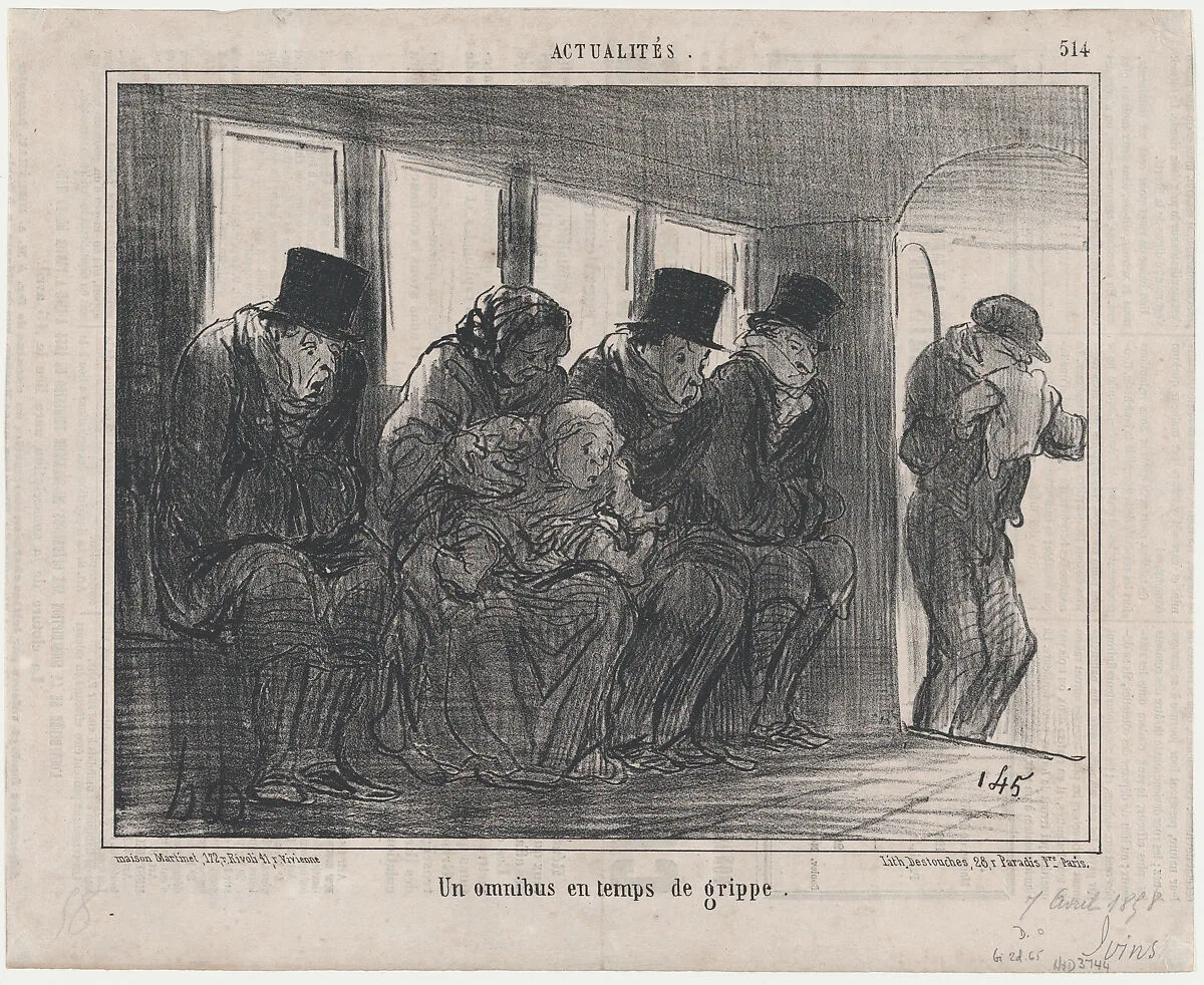Un omnibus en temps de grippe, from Actualités, published in Le Charivari, April 7, 1858 — Aaron Martinet|Honoré Daumier|Destouches